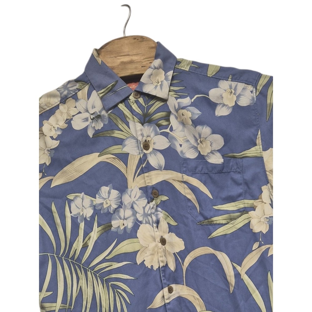 Tommy Bahama Shirt Blue Silk Floral Button Down Palm Leaf Hawaiian Small